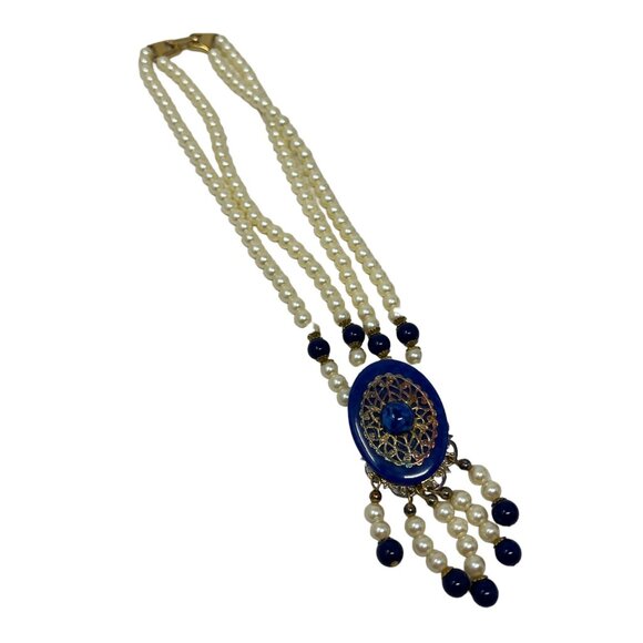 Handmade Statement Necklace Faux Pearl Blue Pendant Gold Tone Accents - Picture 9 of 10